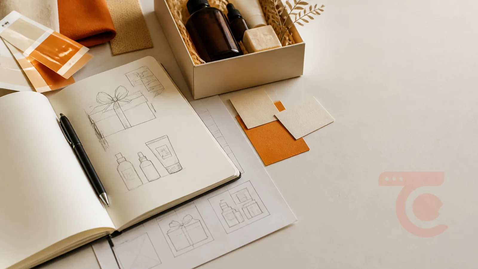 Coffret cadeau ouvert contenant plusieurs produits disposés sur un plan de travail en bois